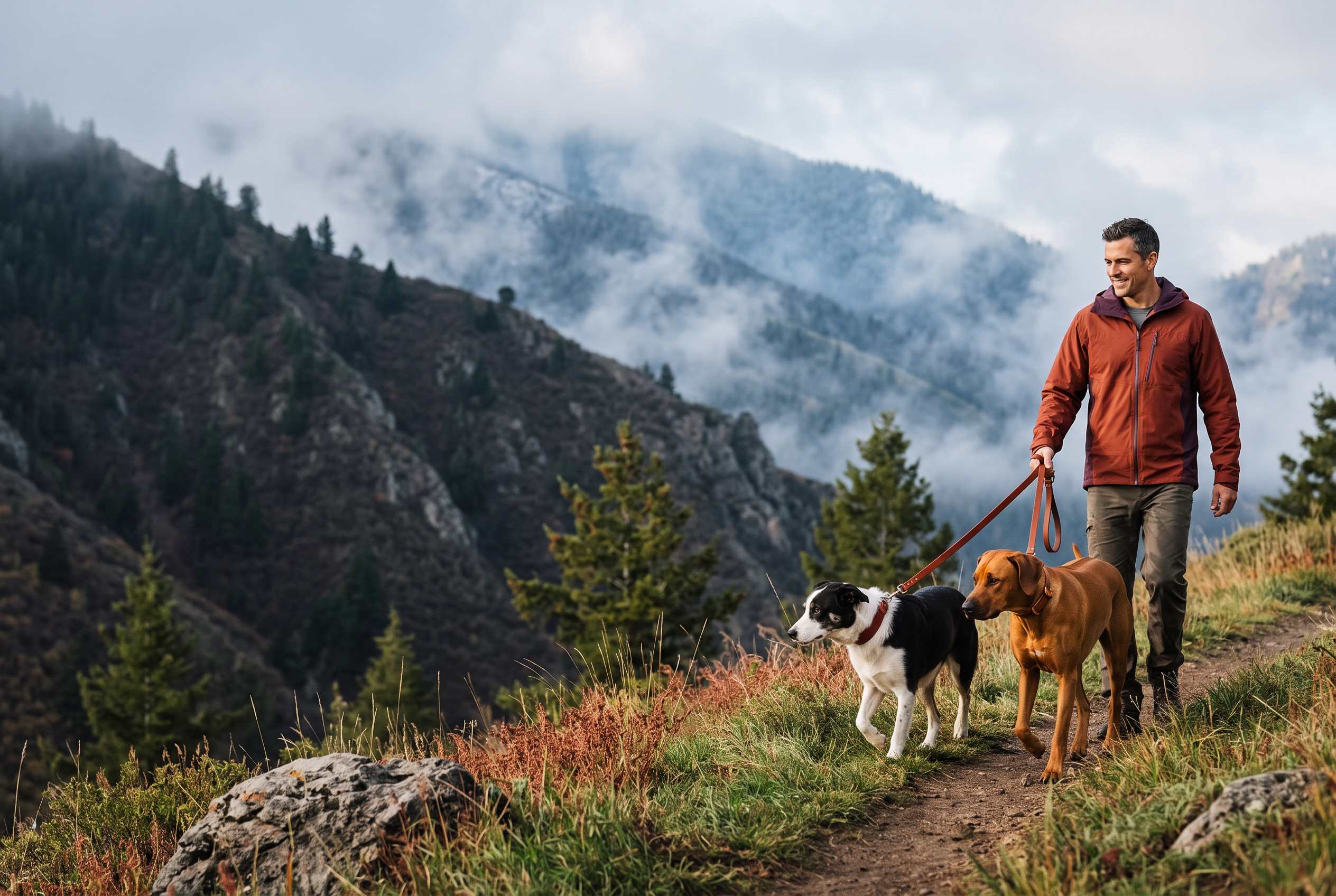 A dog walker with two dogs on a trail in Utah's Wasatch Mountains.
